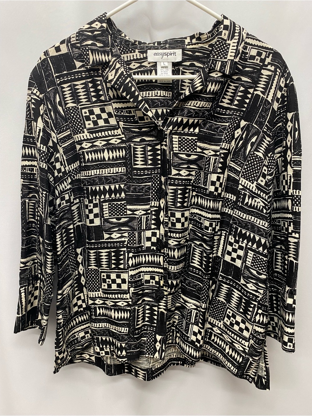 Vintage women's button shirt size large linen silk geometric black 90s